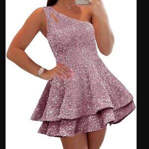 NWT Wear Your Love Pink Sequin One Shoulder Flounce Hem Dress